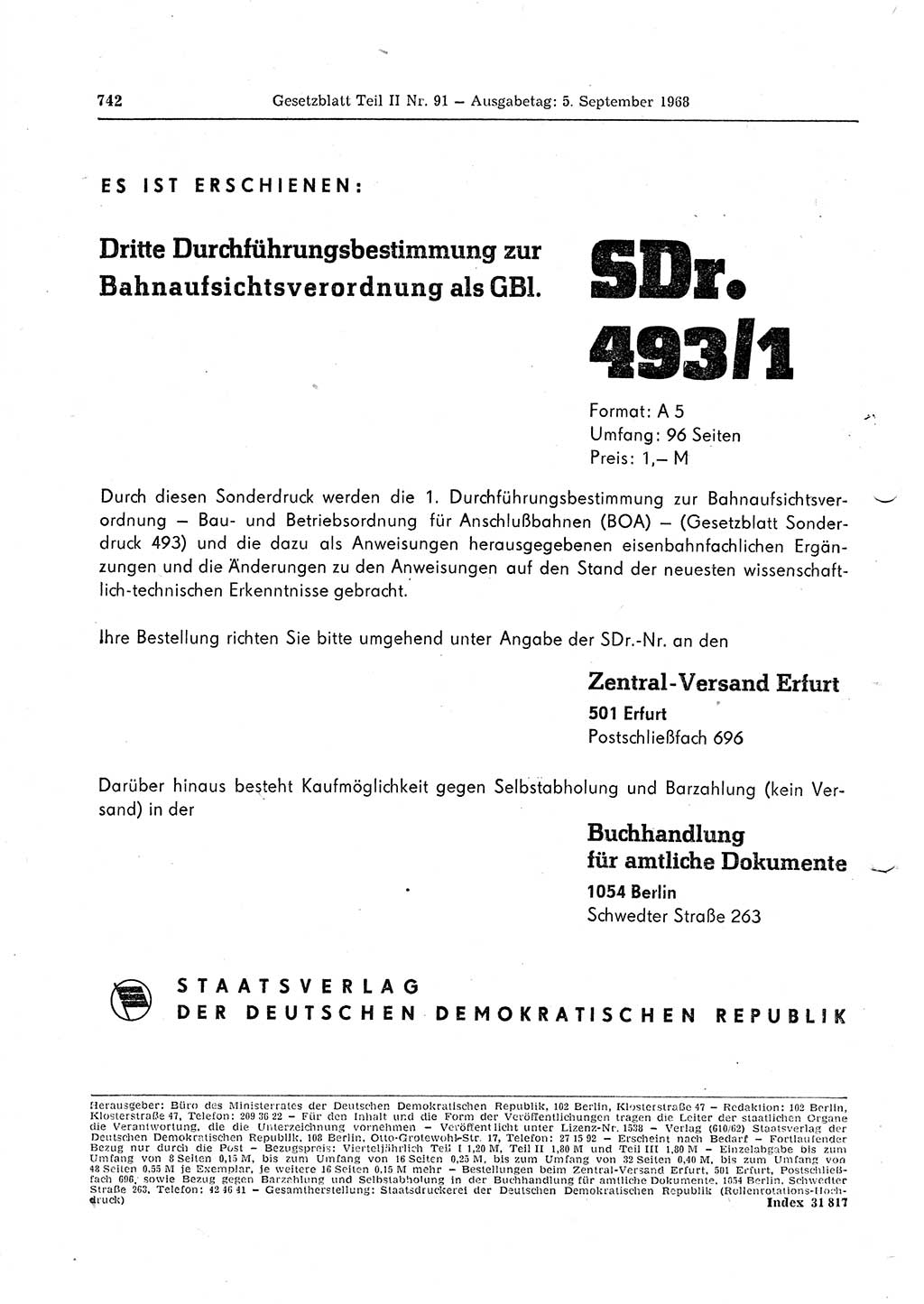 Gesetzblatt (GBl.) der Deutschen Demokratischen Republik (DDR) Teil ⅠⅠ 1968, Seite 742 (GBl. DDR ⅠⅠ 1968, S. 742)