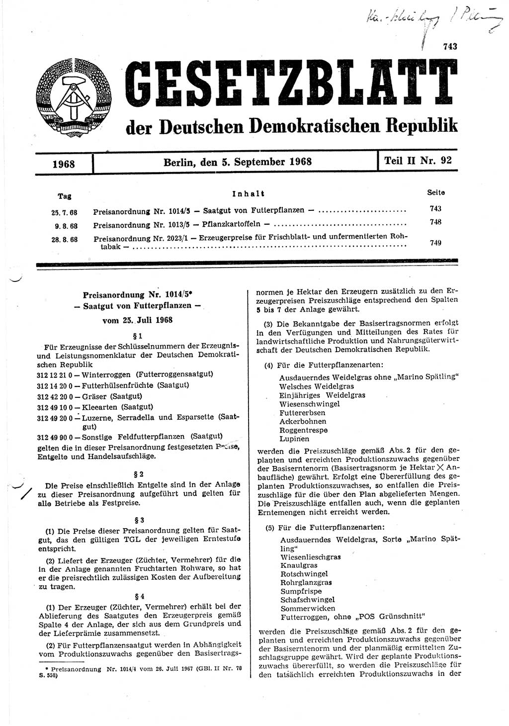 Gesetzblatt (GBl.) der Deutschen Demokratischen Republik (DDR) Teil ⅠⅠ 1968, Seite 743 (GBl. DDR ⅠⅠ 1968, S. 743)