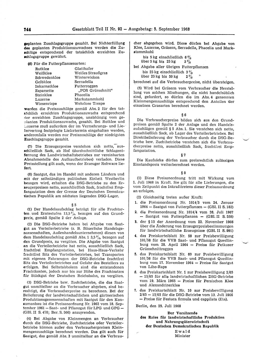 Gesetzblatt (GBl.) der Deutschen Demokratischen Republik (DDR) Teil ⅠⅠ 1968, Seite 744 (GBl. DDR ⅠⅠ 1968, S. 744)