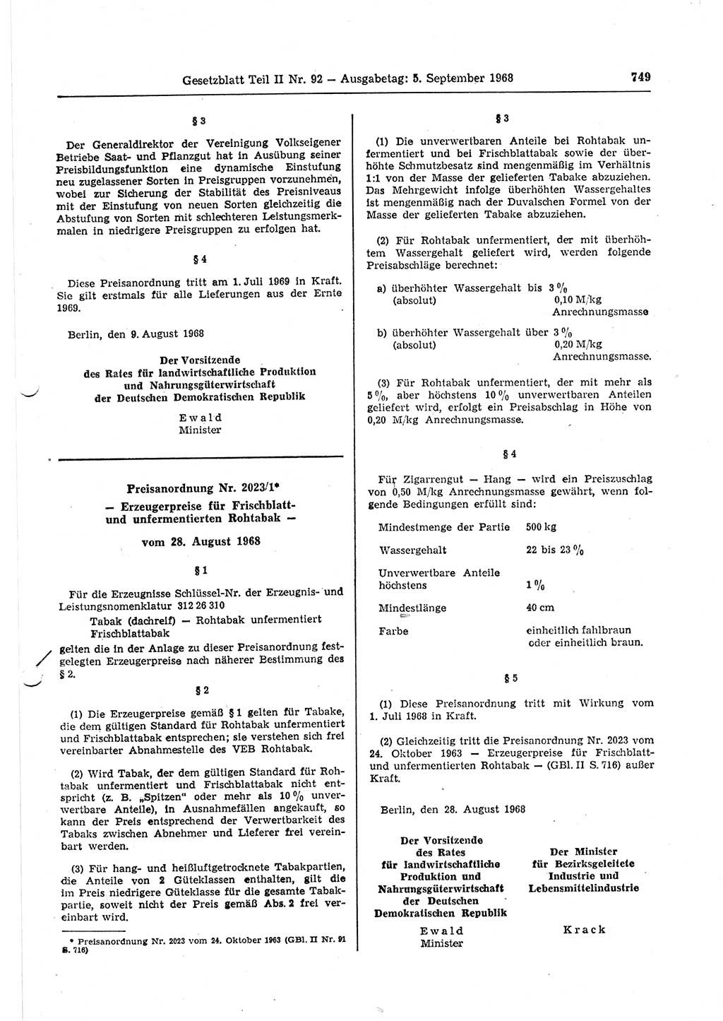 Gesetzblatt (GBl.) der Deutschen Demokratischen Republik (DDR) Teil ⅠⅠ 1968, Seite 749 (GBl. DDR ⅠⅠ 1968, S. 749)