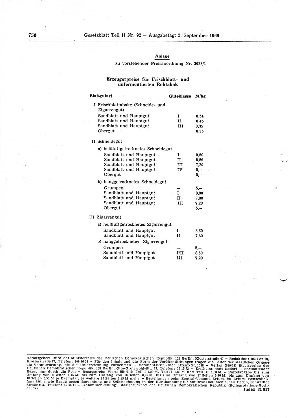 Gesetzblatt (GBl.) der Deutschen Demokratischen Republik (DDR) Teil ⅠⅠ 1968, Seite 750 (GBl. DDR ⅠⅠ 1968, S. 750)