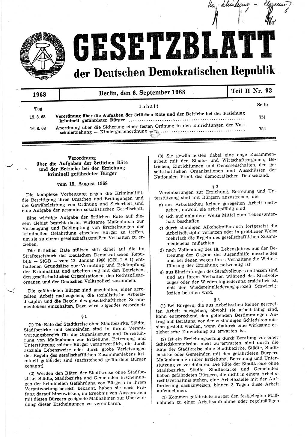 Gesetzblatt (GBl.) der Deutschen Demokratischen Republik (DDR) Teil ⅠⅠ 1968, Seite 751 (GBl. DDR ⅠⅠ 1968, S. 751)
