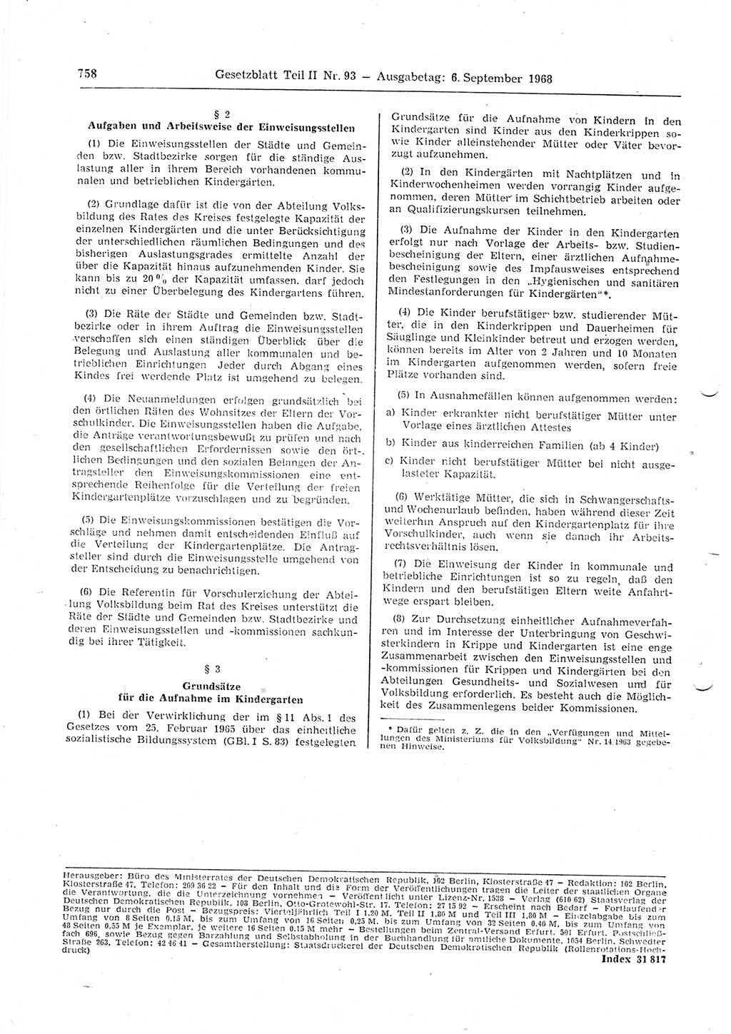 Gesetzblatt (GBl.) der Deutschen Demokratischen Republik (DDR) Teil ⅠⅠ 1968, Seite 758 (GBl. DDR ⅠⅠ 1968, S. 758)