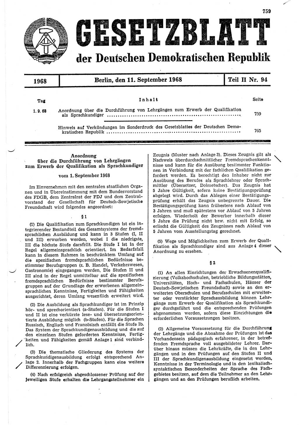 Gesetzblatt (GBl.) der Deutschen Demokratischen Republik (DDR) Teil ⅠⅠ 1968, Seite 759 (GBl. DDR ⅠⅠ 1968, S. 759)