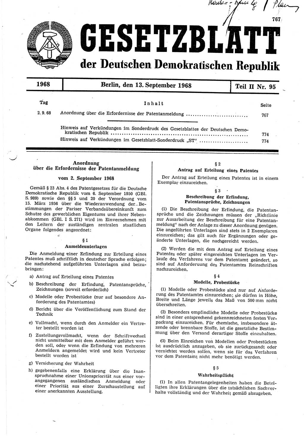 Gesetzblatt (GBl.) der Deutschen Demokratischen Republik (DDR) Teil ⅠⅠ 1968, Seite 767 (GBl. DDR ⅠⅠ 1968, S. 767)