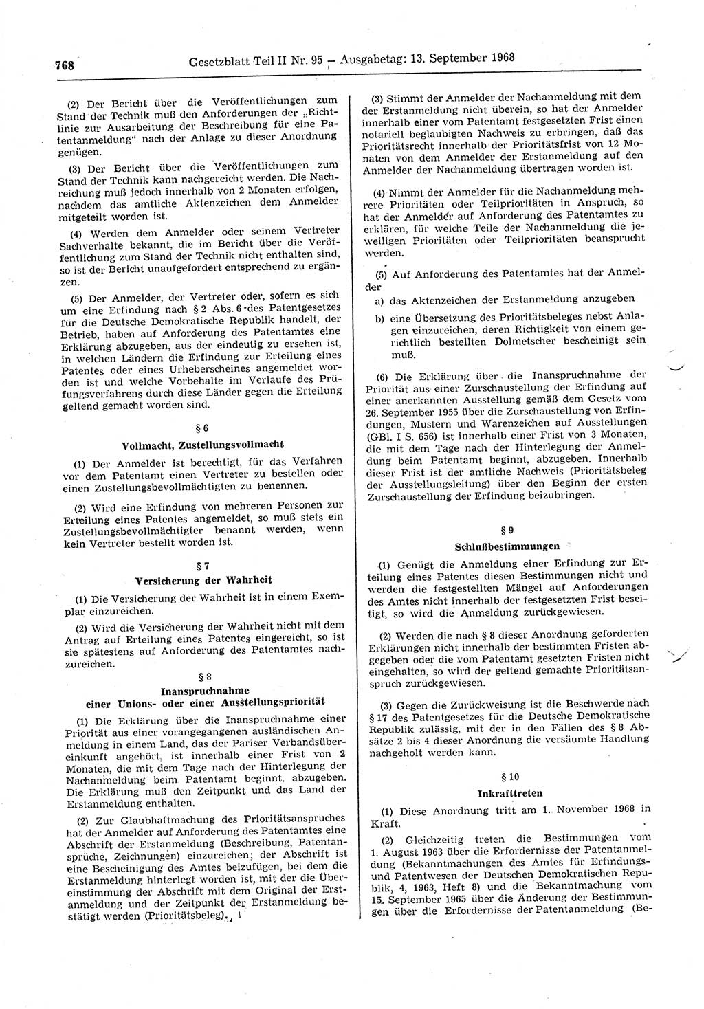 Gesetzblatt (GBl.) der Deutschen Demokratischen Republik (DDR) Teil ⅠⅠ 1968, Seite 768 (GBl. DDR ⅠⅠ 1968, S. 768)