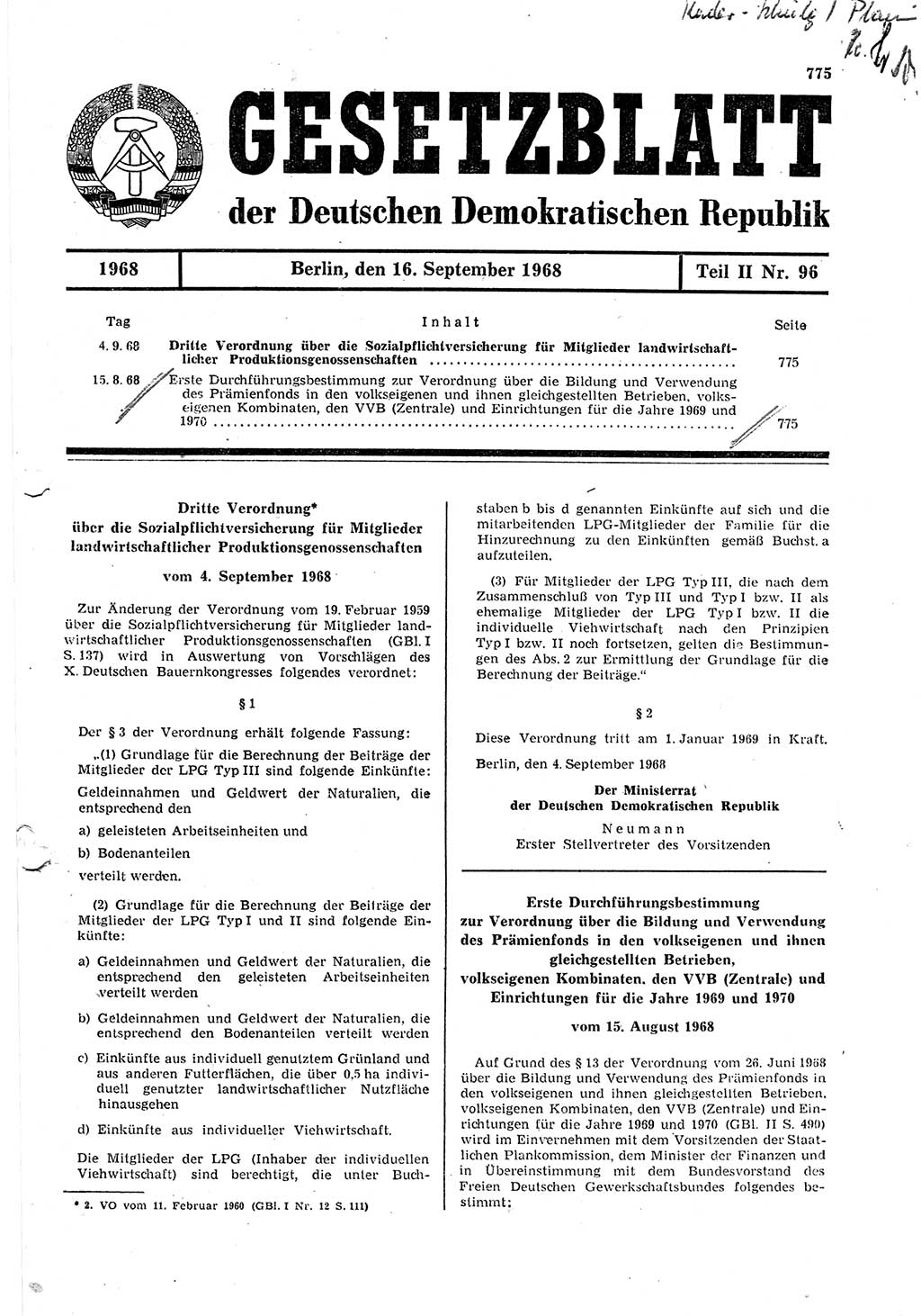 Gesetzblatt (GBl.) der Deutschen Demokratischen Republik (DDR) Teil ⅠⅠ 1968, Seite 775 (GBl. DDR ⅠⅠ 1968, S. 775)
