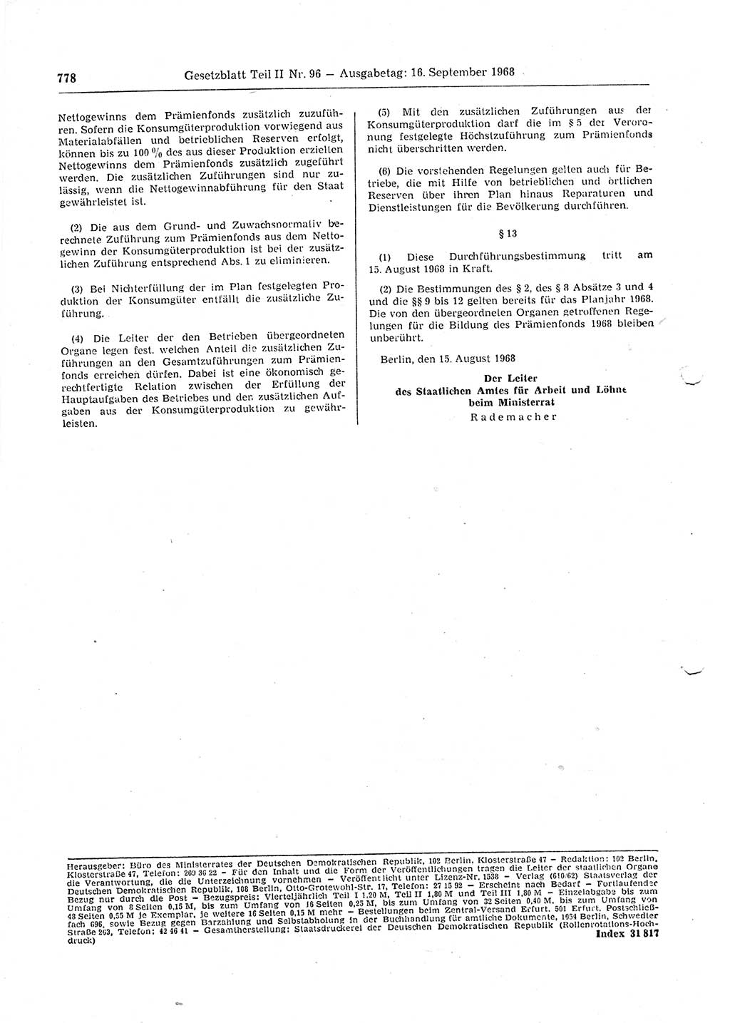 Gesetzblatt (GBl.) der Deutschen Demokratischen Republik (DDR) Teil ⅠⅠ 1968, Seite 778 (GBl. DDR ⅠⅠ 1968, S. 778)
