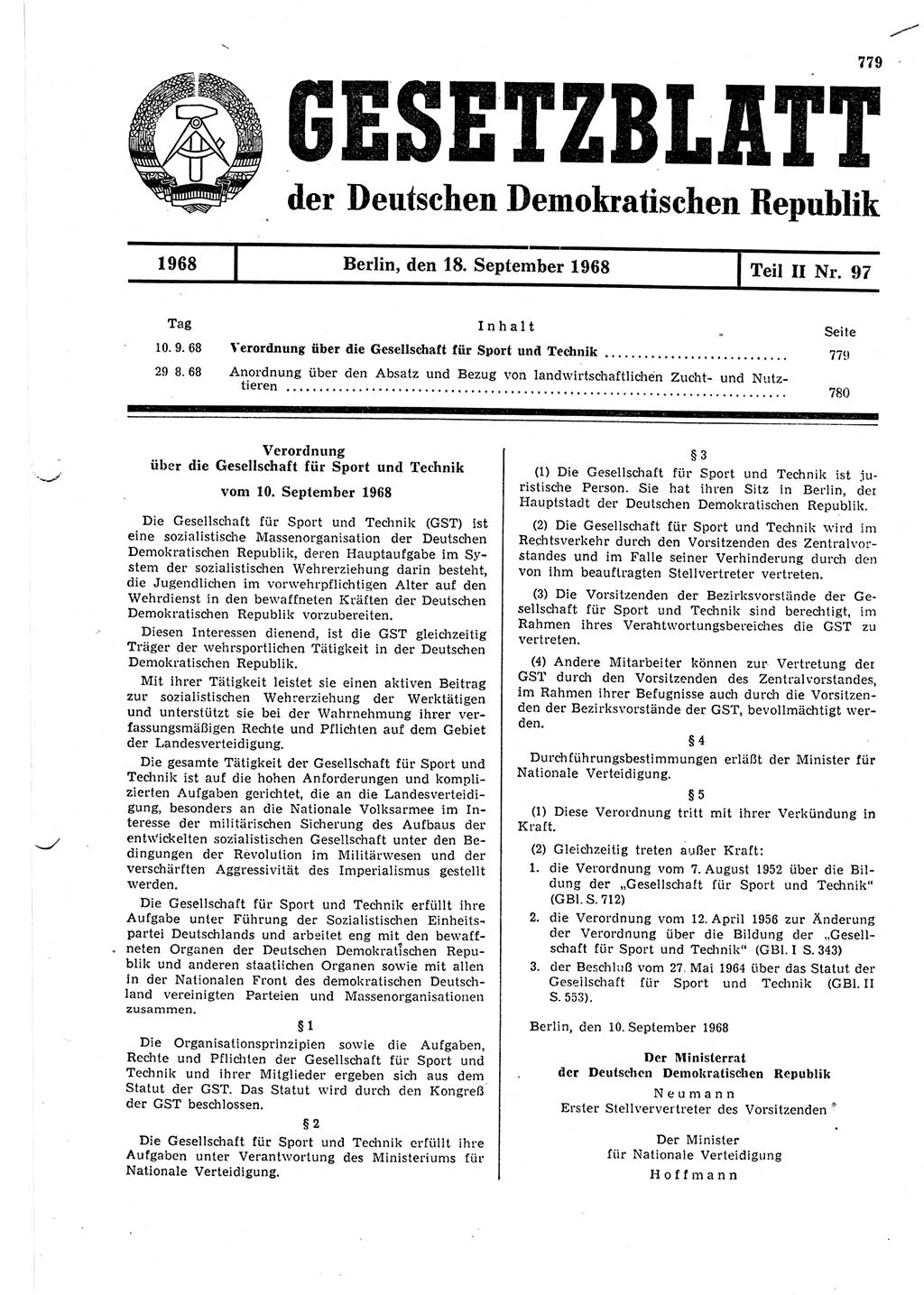 Gesetzblatt (GBl.) der Deutschen Demokratischen Republik (DDR) Teil ⅠⅠ 1968, Seite 779 (GBl. DDR ⅠⅠ 1968, S. 779)