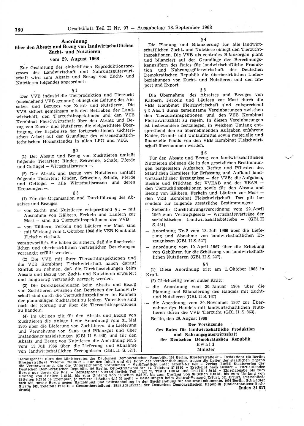 Gesetzblatt (GBl.) der Deutschen Demokratischen Republik (DDR) Teil ⅠⅠ 1968, Seite 780 (GBl. DDR ⅠⅠ 1968, S. 780)