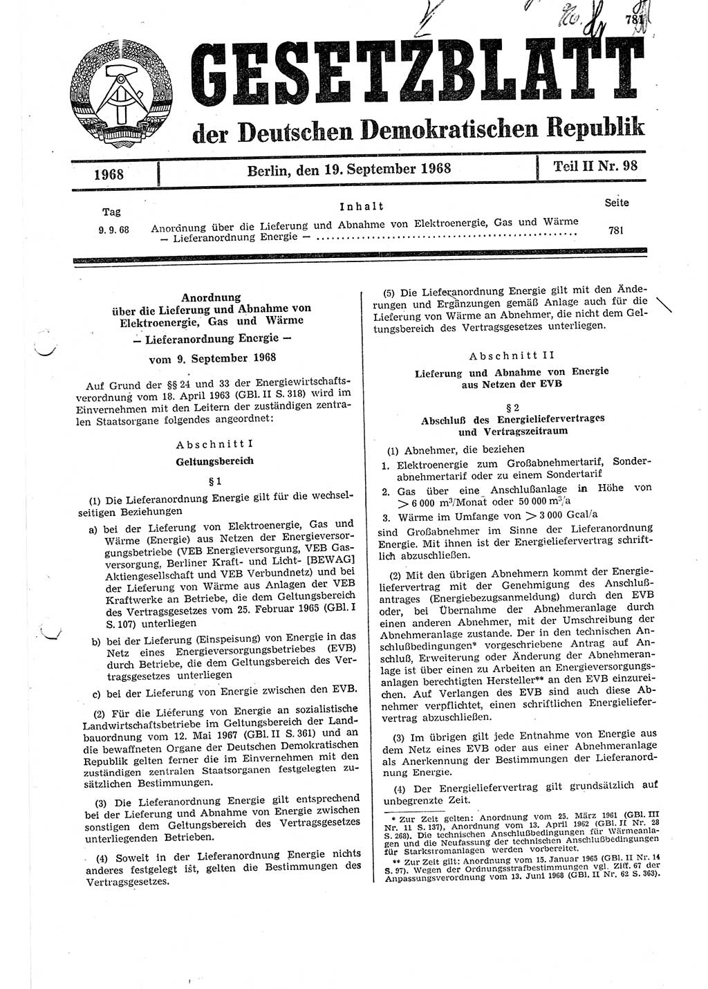 Gesetzblatt (GBl.) der Deutschen Demokratischen Republik (DDR) Teil ⅠⅠ 1968, Seite 781 (GBl. DDR ⅠⅠ 1968, S. 781)