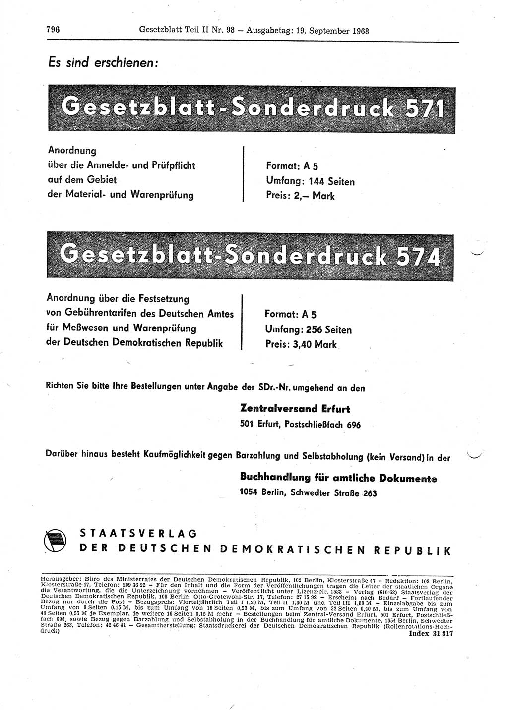 Gesetzblatt (GBl.) der Deutschen Demokratischen Republik (DDR) Teil ⅠⅠ 1968, Seite 796 (GBl. DDR ⅠⅠ 1968, S. 796)