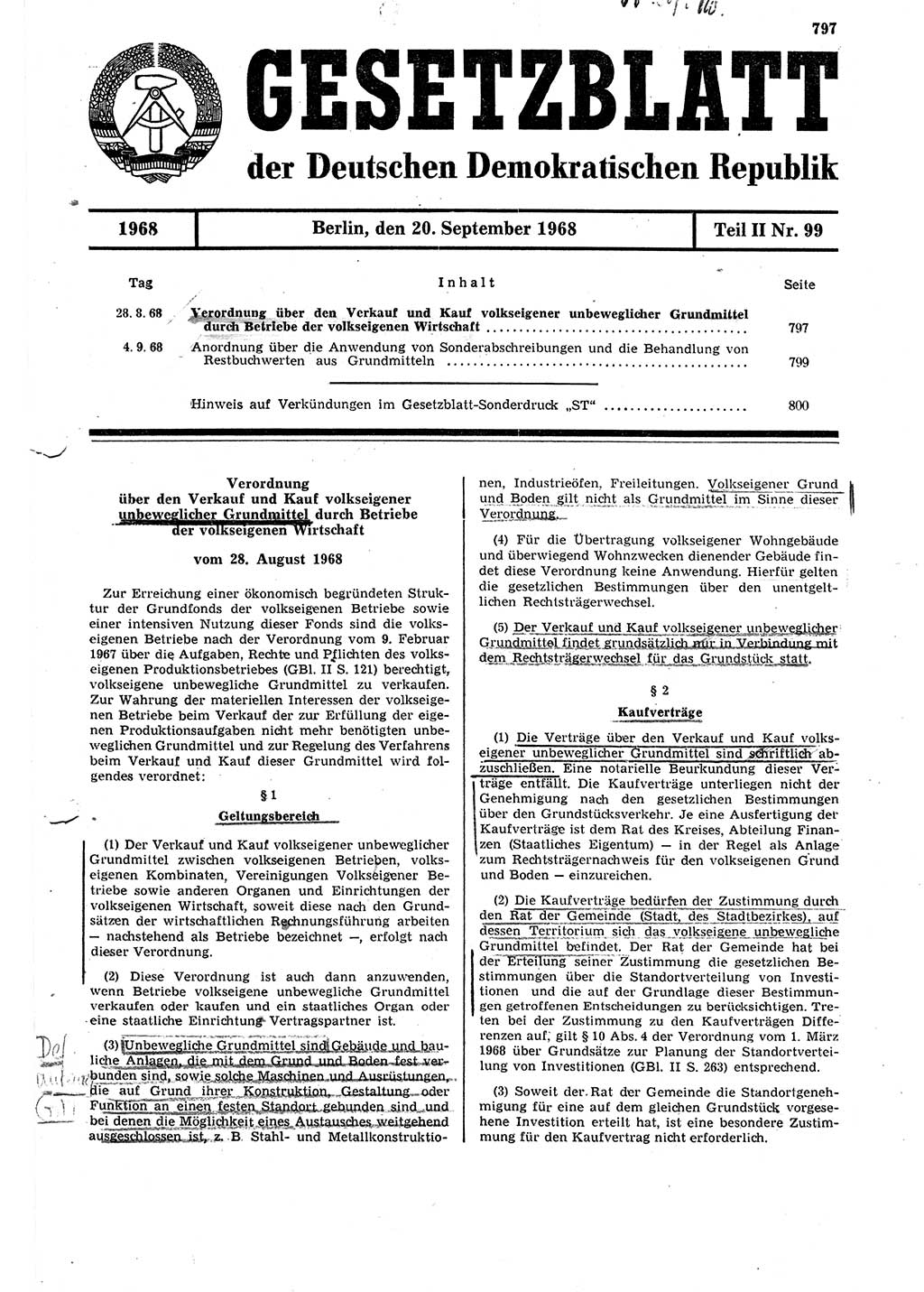 Gesetzblatt (GBl.) der Deutschen Demokratischen Republik (DDR) Teil ⅠⅠ 1968, Seite 797 (GBl. DDR ⅠⅠ 1968, S. 797)
