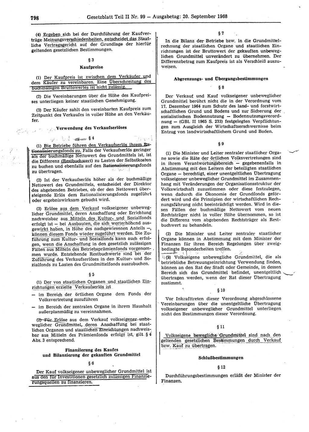 Gesetzblatt (GBl.) der Deutschen Demokratischen Republik (DDR) Teil ⅠⅠ 1968, Seite 798 (GBl. DDR ⅠⅠ 1968, S. 798)