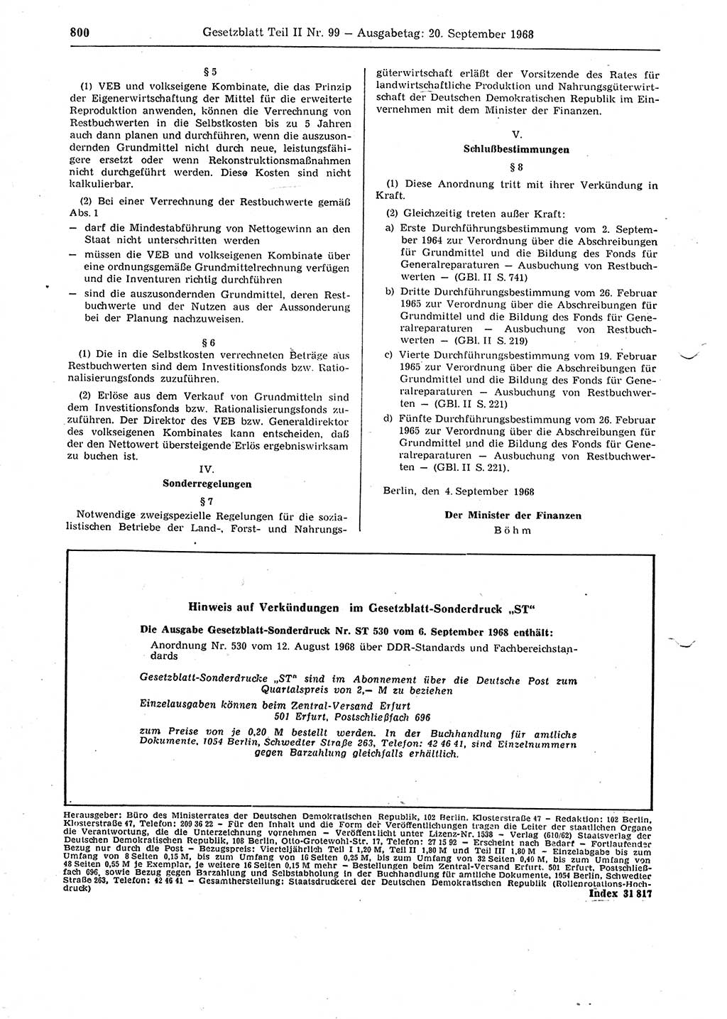 Gesetzblatt (GBl.) der Deutschen Demokratischen Republik (DDR) Teil ⅠⅠ 1968, Seite 800 (GBl. DDR ⅠⅠ 1968, S. 800)