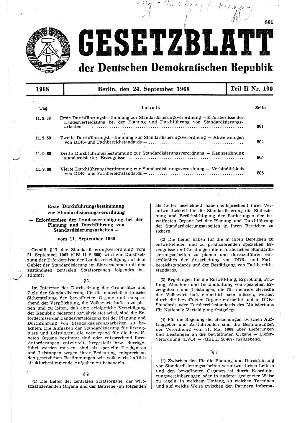 Gesetzblatt (GBl.) der Deutschen Demokratischen Republik (DDR) Teil ⅠⅠ 1968, Seite 801 (GBl. DDR ⅠⅠ 1968, S. 801)
