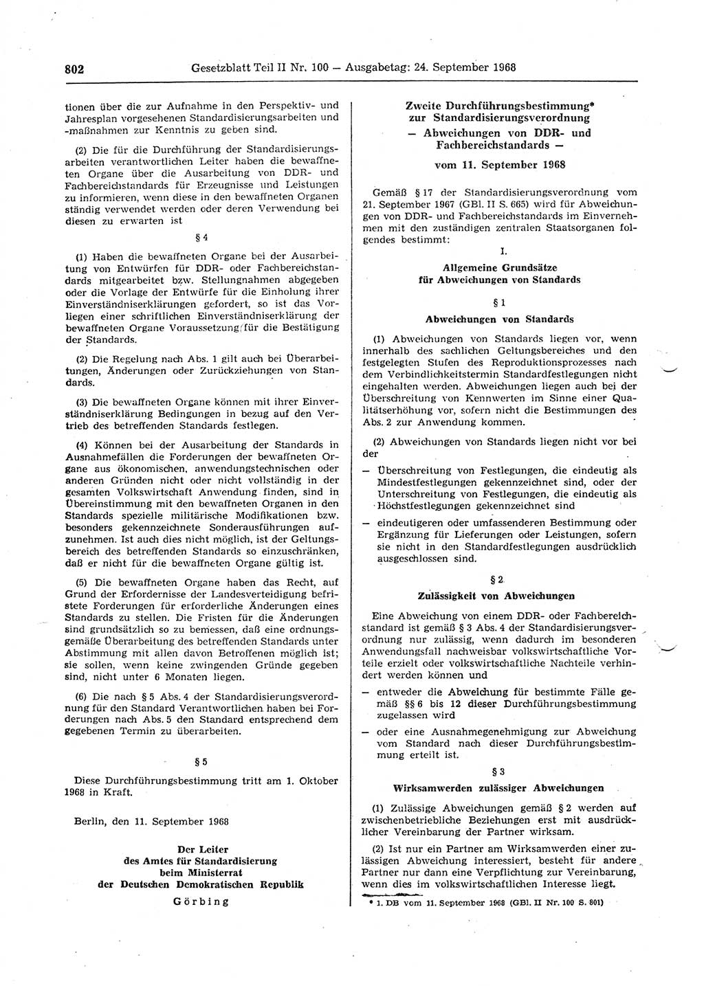 Gesetzblatt (GBl.) der Deutschen Demokratischen Republik (DDR) Teil ⅠⅠ 1968, Seite 802 (GBl. DDR ⅠⅠ 1968, S. 802)