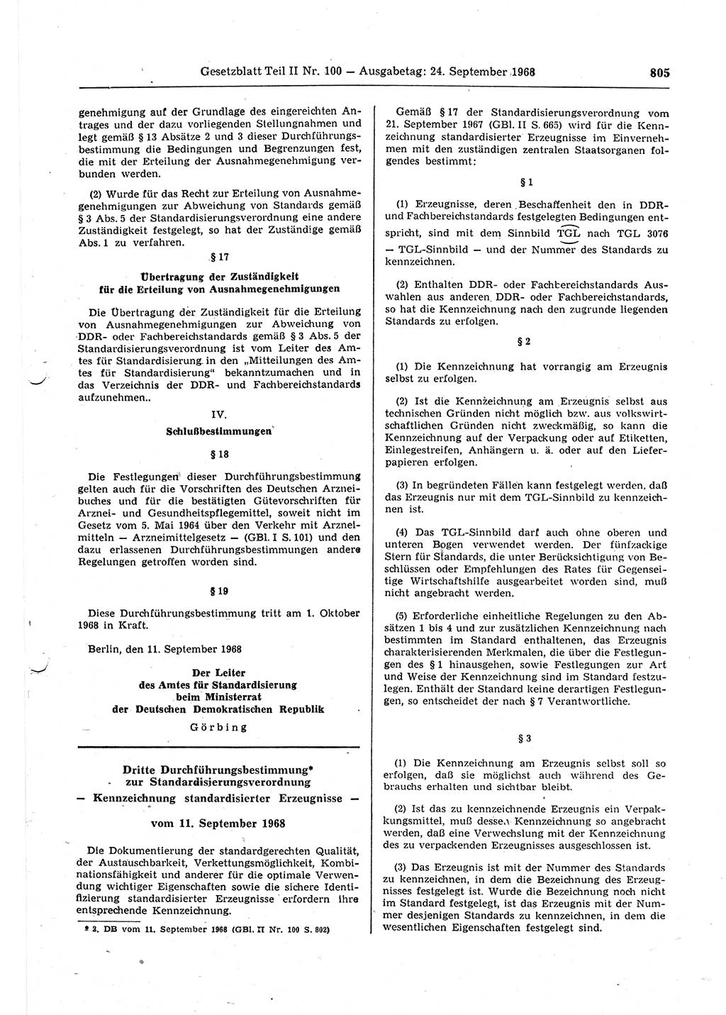 Gesetzblatt (GBl.) der Deutschen Demokratischen Republik (DDR) Teil ⅠⅠ 1968, Seite 805 (GBl. DDR ⅠⅠ 1968, S. 805)