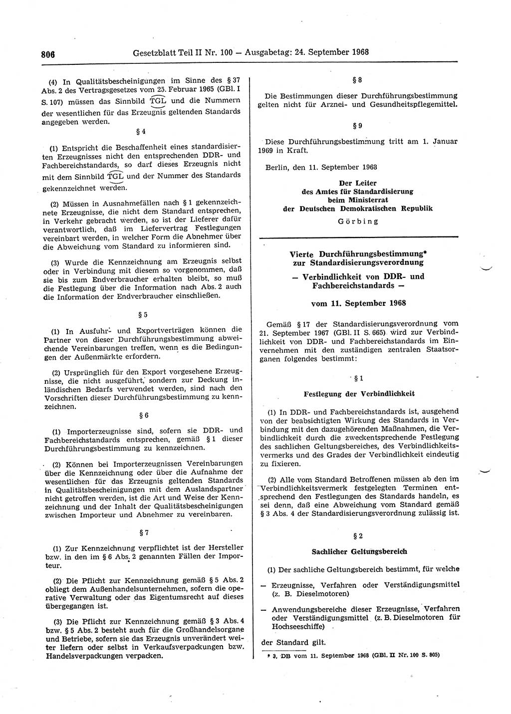 Gesetzblatt (GBl.) der Deutschen Demokratischen Republik (DDR) Teil ⅠⅠ 1968, Seite 806 (GBl. DDR ⅠⅠ 1968, S. 806)