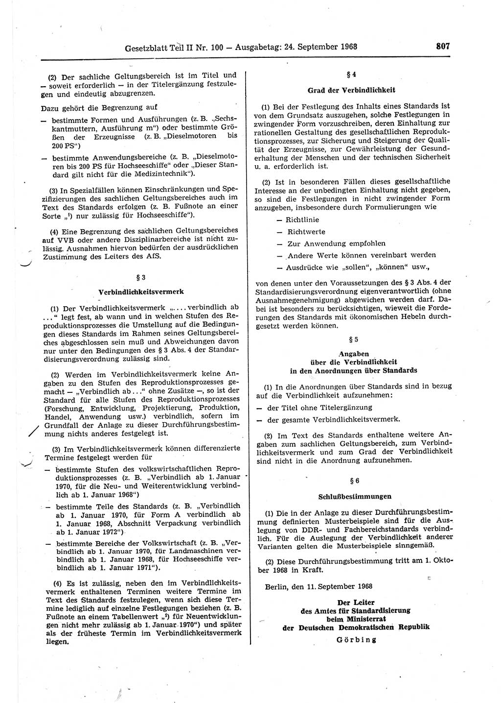 Gesetzblatt (GBl.) der Deutschen Demokratischen Republik (DDR) Teil ⅠⅠ 1968, Seite 807 (GBl. DDR ⅠⅠ 1968, S. 807)