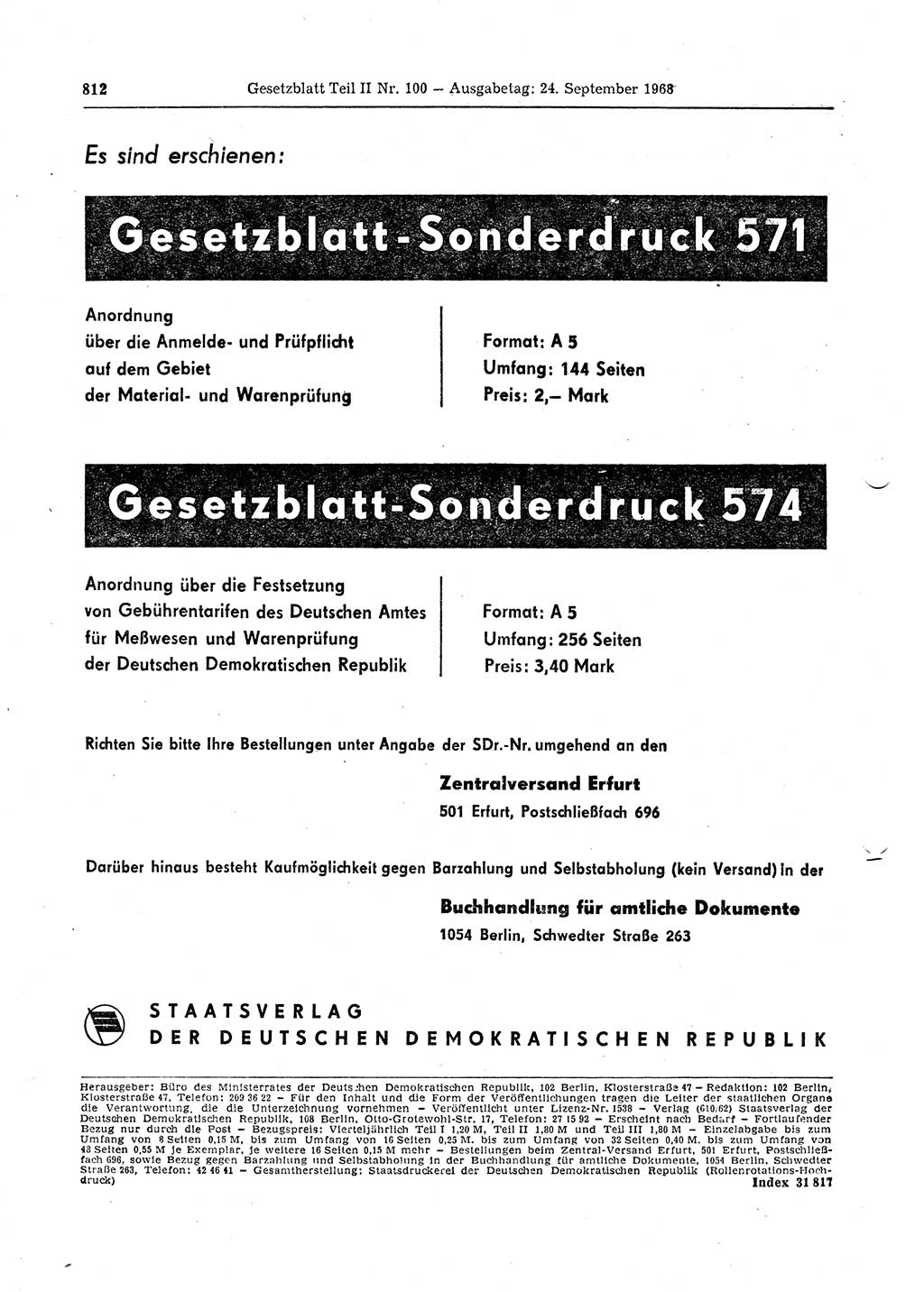 Gesetzblatt (GBl.) der Deutschen Demokratischen Republik (DDR) Teil ⅠⅠ 1968, Seite 812 (GBl. DDR ⅠⅠ 1968, S. 812)