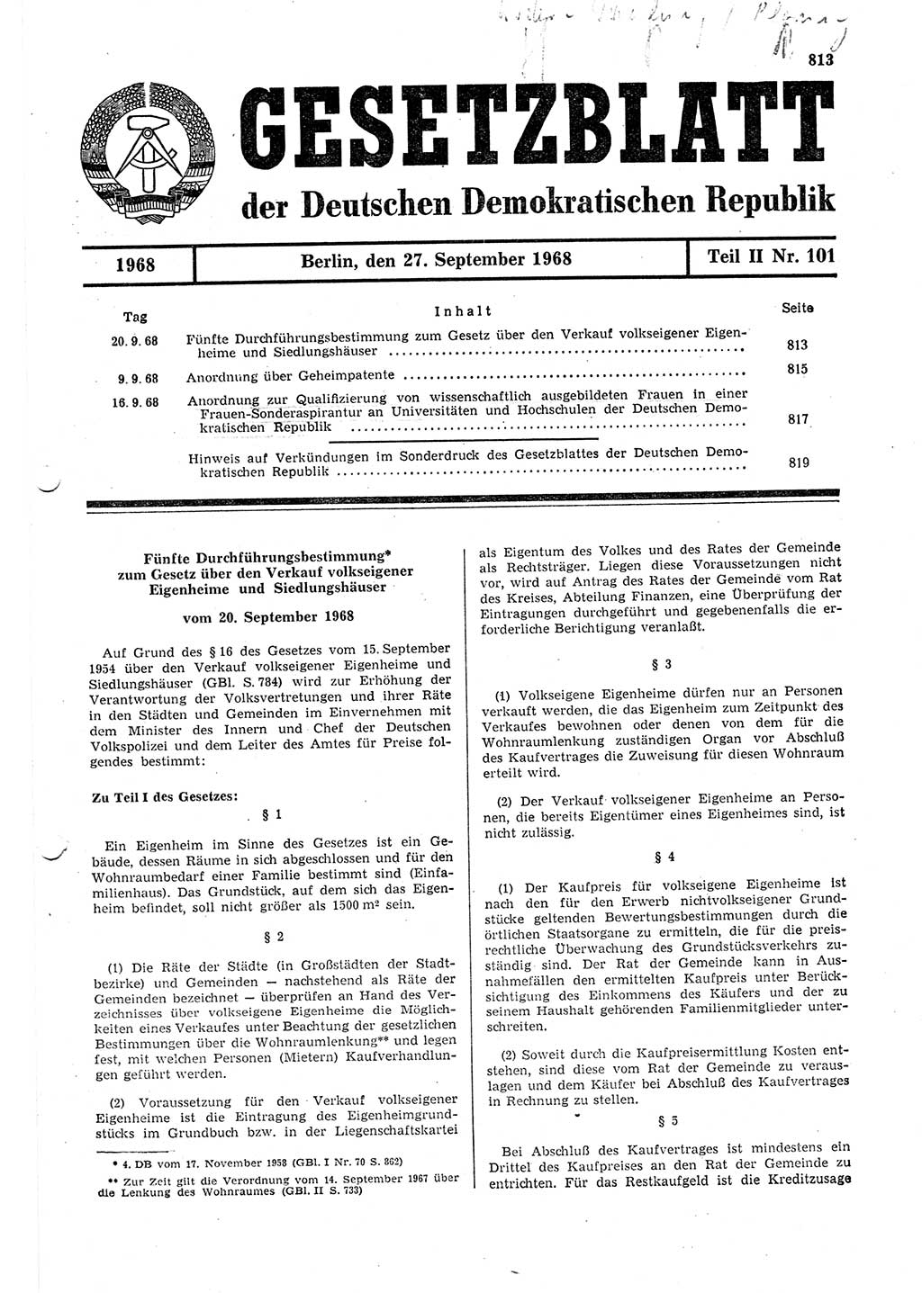 Gesetzblatt (GBl.) der Deutschen Demokratischen Republik (DDR) Teil ⅠⅠ 1968, Seite 813 (GBl. DDR ⅠⅠ 1968, S. 813)