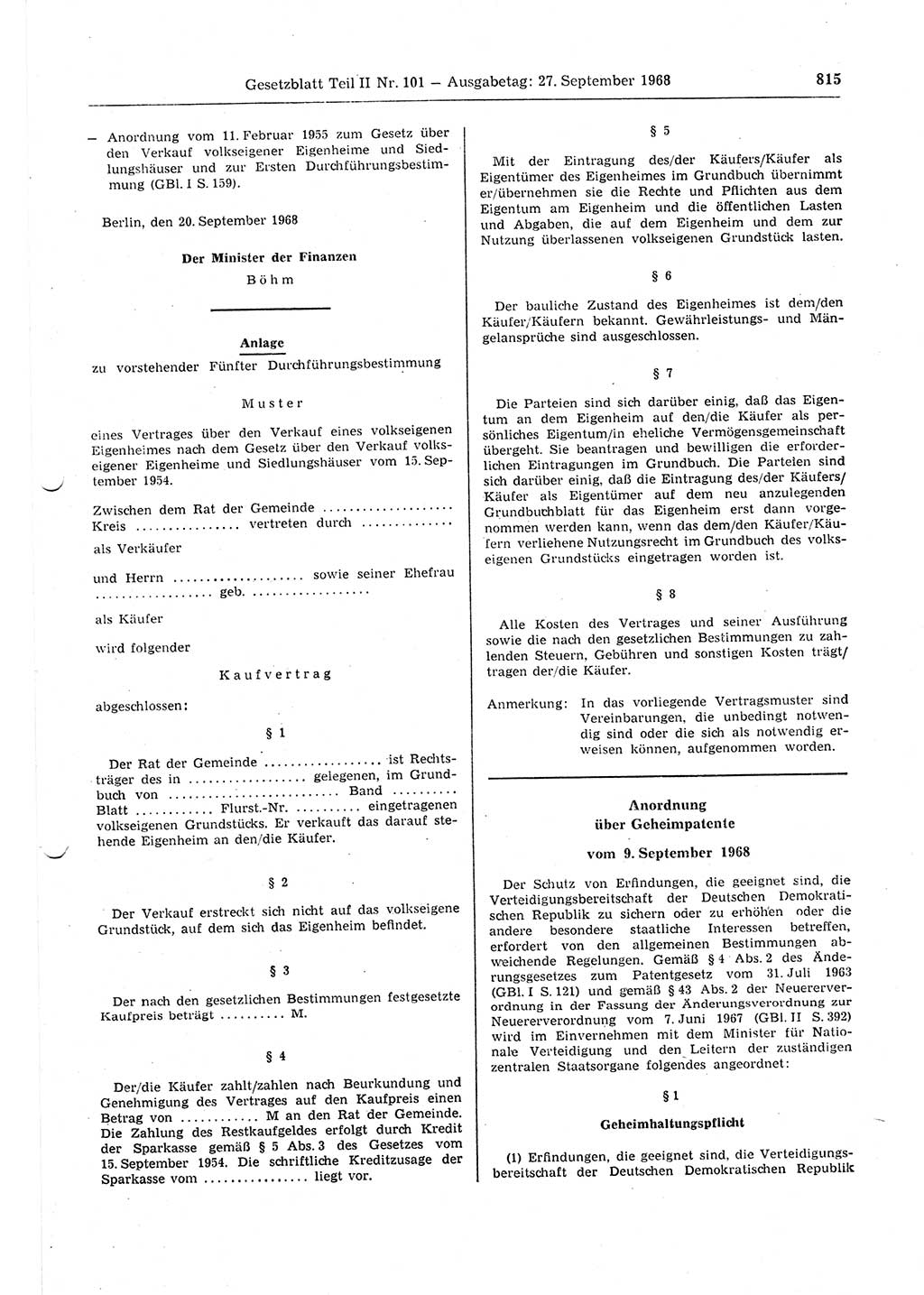Gesetzblatt (GBl.) der Deutschen Demokratischen Republik (DDR) Teil ⅠⅠ 1968, Seite 815 (GBl. DDR ⅠⅠ 1968, S. 815)