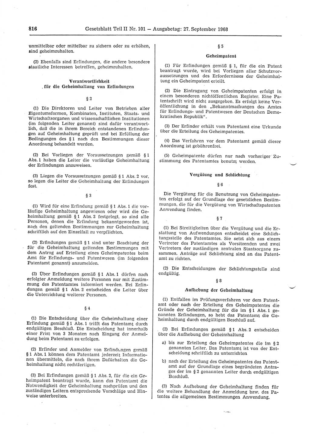Gesetzblatt (GBl.) der Deutschen Demokratischen Republik (DDR) Teil ⅠⅠ 1968, Seite 816 (GBl. DDR ⅠⅠ 1968, S. 816)