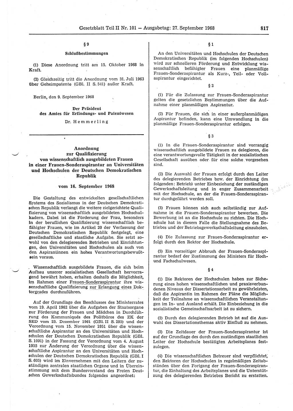 Gesetzblatt (GBl.) der Deutschen Demokratischen Republik (DDR) Teil ⅠⅠ 1968, Seite 817 (GBl. DDR ⅠⅠ 1968, S. 817)