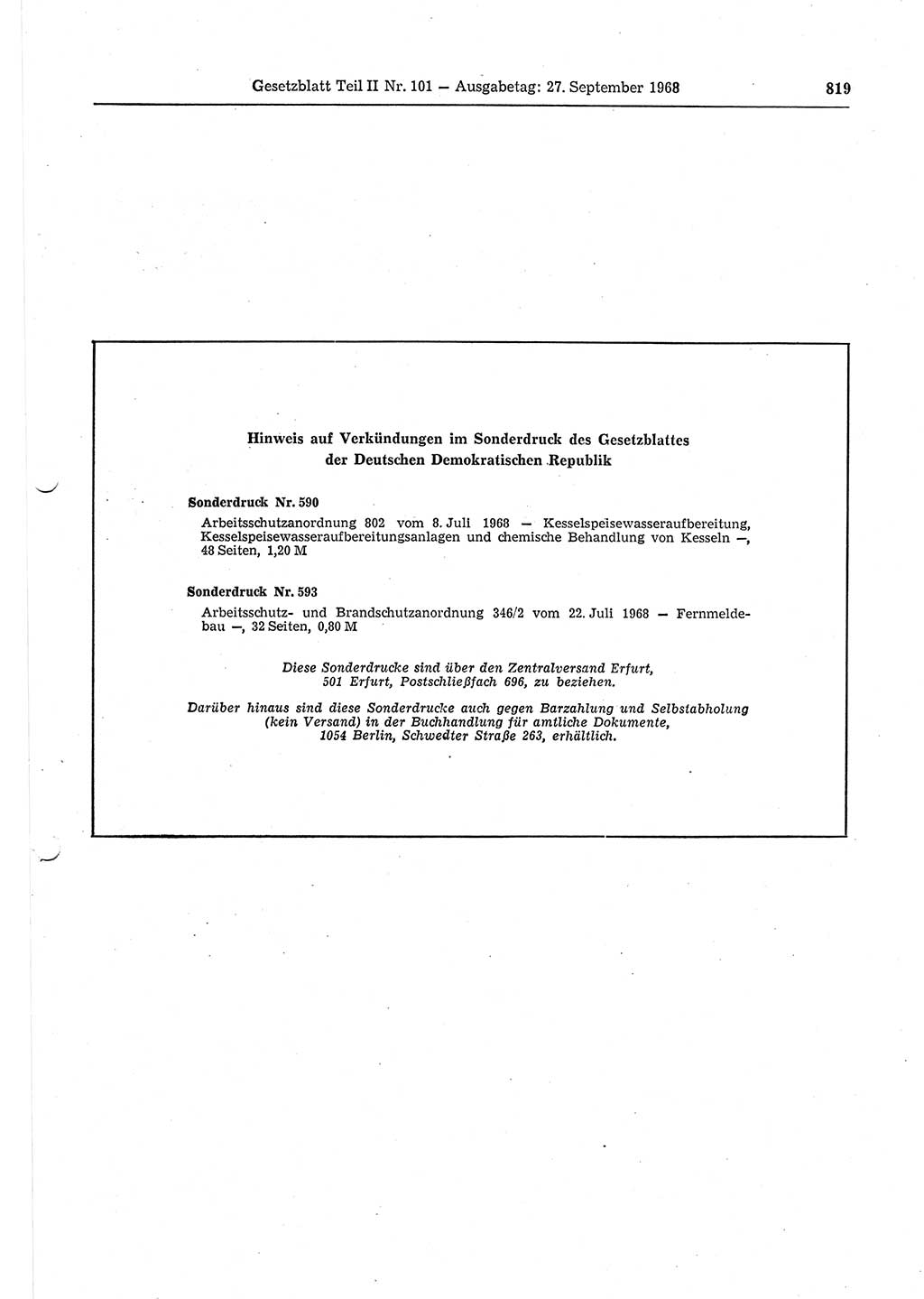 Gesetzblatt (GBl.) der Deutschen Demokratischen Republik (DDR) Teil ⅠⅠ 1968, Seite 819 (GBl. DDR ⅠⅠ 1968, S. 819)