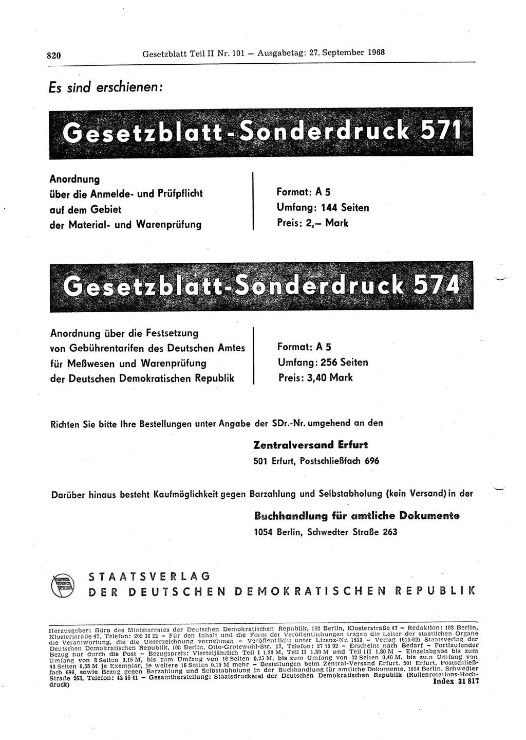 Gesetzblatt (GBl.) der Deutschen Demokratischen Republik (DDR) Teil ⅠⅠ 1968, Seite 820 (GBl. DDR ⅠⅠ 1968, S. 820)