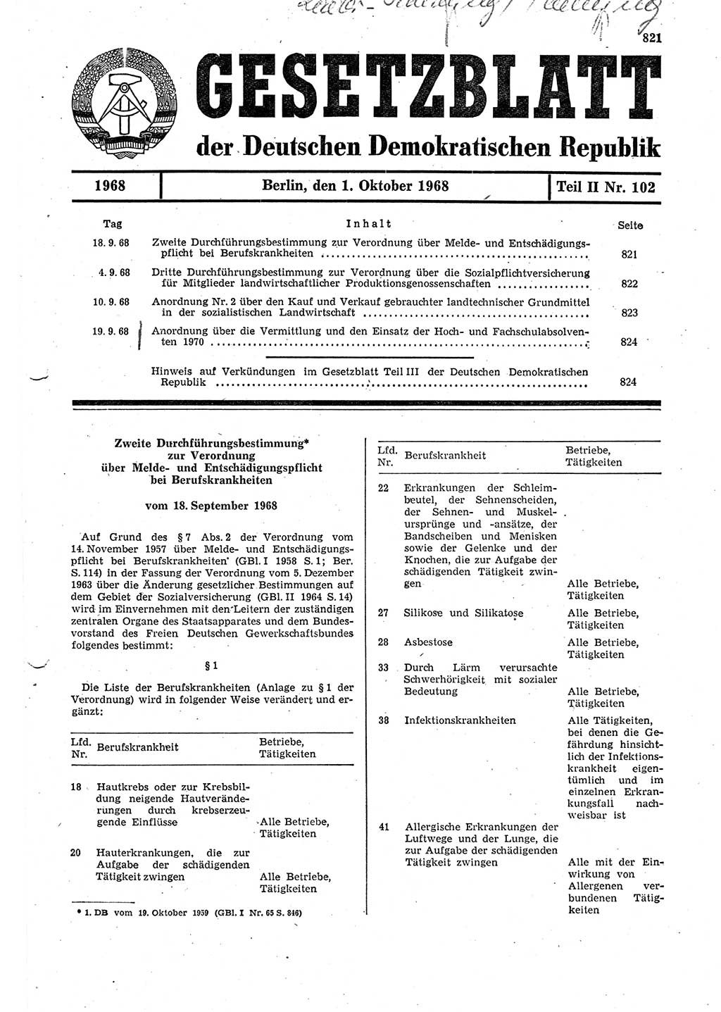 Gesetzblatt (GBl.) der Deutschen Demokratischen Republik (DDR) Teil ⅠⅠ 1968, Seite 821 (GBl. DDR ⅠⅠ 1968, S. 821)