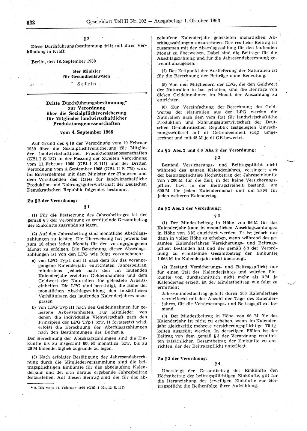 Gesetzblatt (GBl.) der Deutschen Demokratischen Republik (DDR) Teil ⅠⅠ 1968, Seite 822 (GBl. DDR ⅠⅠ 1968, S. 822)