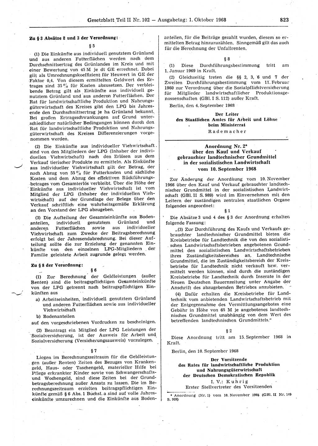Gesetzblatt (GBl.) der Deutschen Demokratischen Republik (DDR) Teil ⅠⅠ 1968, Seite 823 (GBl. DDR ⅠⅠ 1968, S. 823)