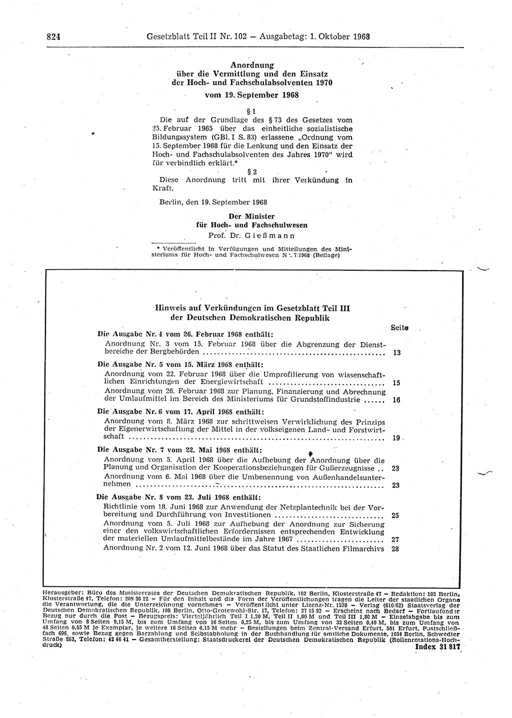 Gesetzblatt (GBl.) der Deutschen Demokratischen Republik (DDR) Teil ⅠⅠ 1968, Seite 824 (GBl. DDR ⅠⅠ 1968, S. 824)