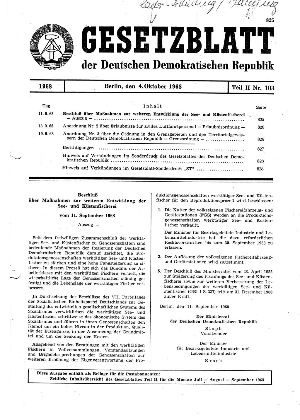 Gesetzblatt (GBl.) der Deutschen Demokratischen Republik (DDR) Teil ⅠⅠ 1968, Seite 825 (GBl. DDR ⅠⅠ 1968, S. 825)