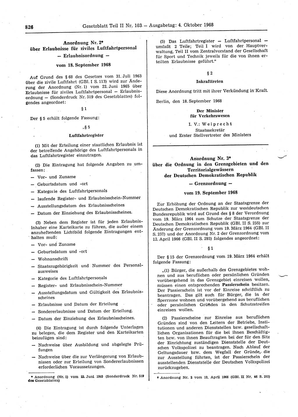 Gesetzblatt (GBl.) der Deutschen Demokratischen Republik (DDR) Teil ⅠⅠ 1968, Seite 826 (GBl. DDR ⅠⅠ 1968, S. 826)