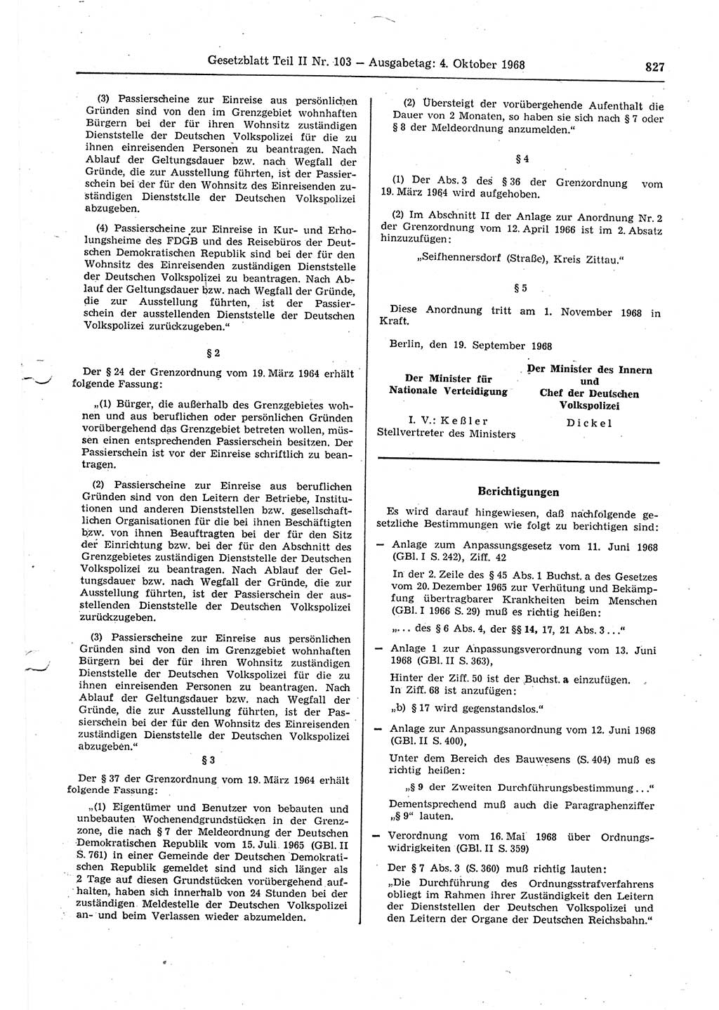 Gesetzblatt (GBl.) der Deutschen Demokratischen Republik (DDR) Teil ⅠⅠ 1968, Seite 827 (GBl. DDR ⅠⅠ 1968, S. 827)