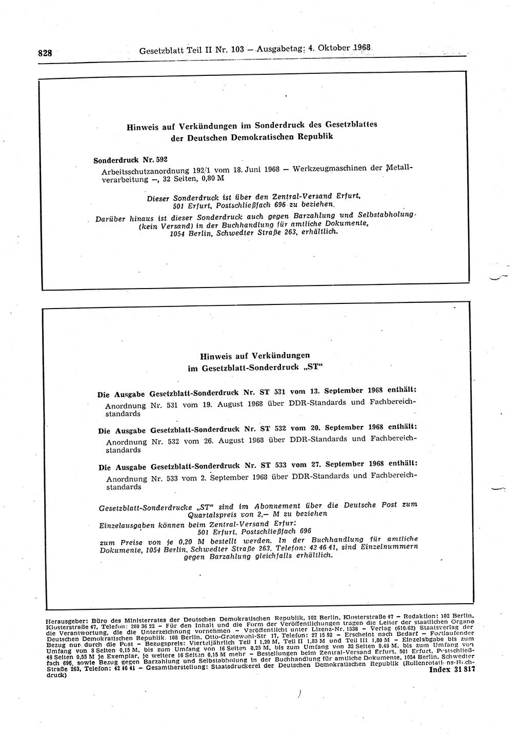 Gesetzblatt (GBl.) der Deutschen Demokratischen Republik (DDR) Teil ⅠⅠ 1968, Seite 828 (GBl. DDR ⅠⅠ 1968, S. 828)