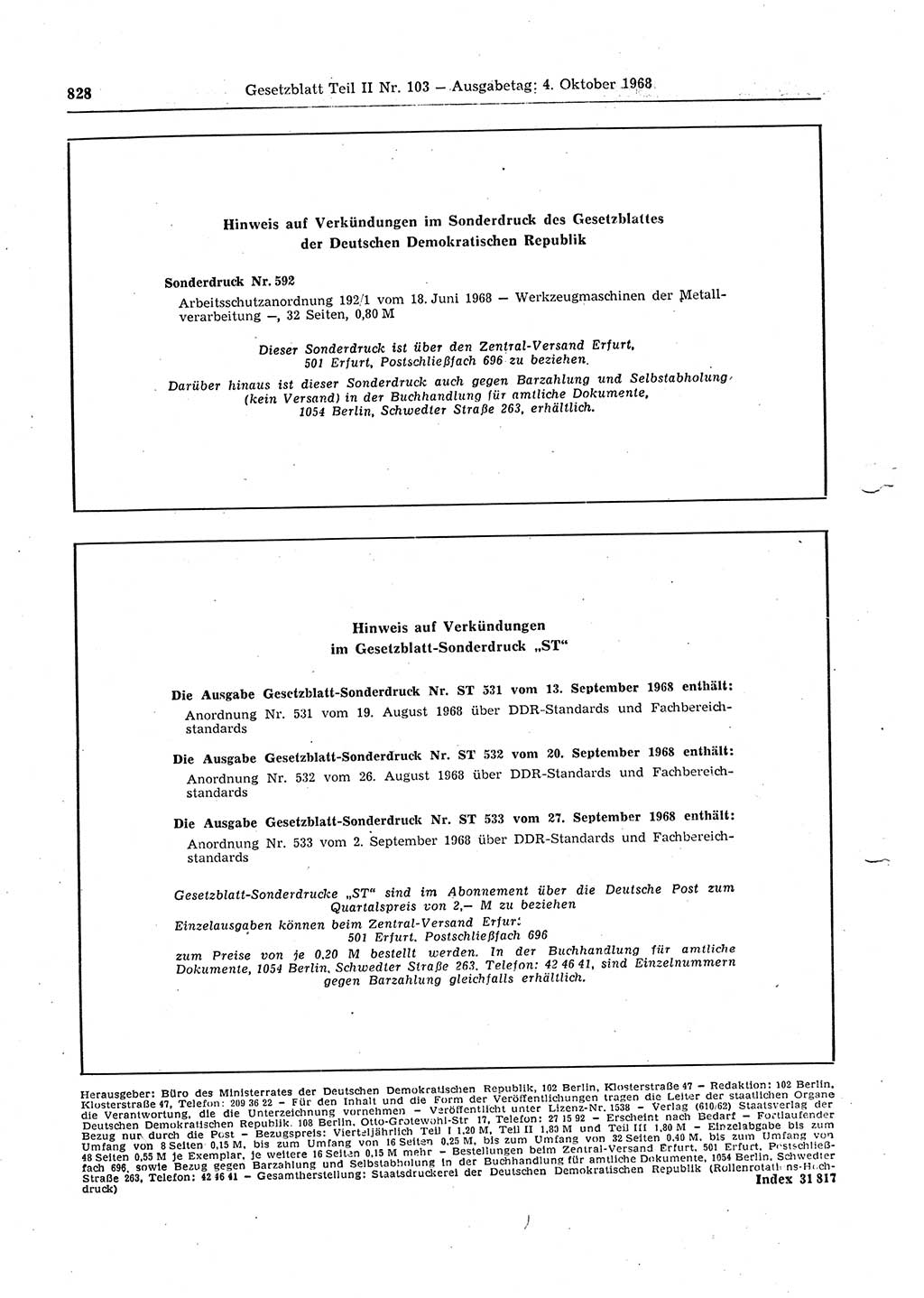 Gesetzblatt (GBl.) der Deutschen Demokratischen Republik (DDR) Teil ⅠⅠ 1968, Seite 828 (GBl. DDR ⅠⅠ 1968, S. 828)