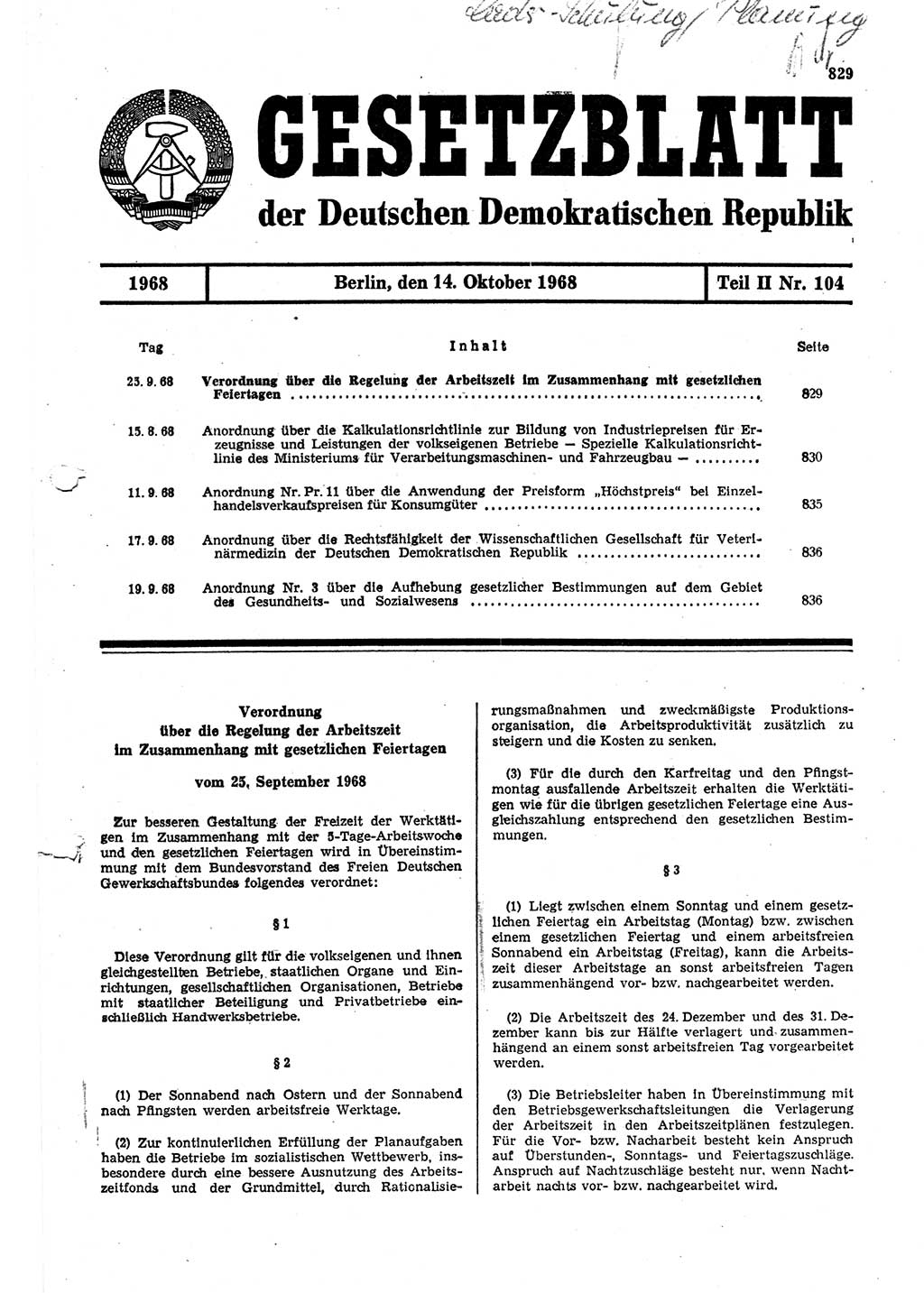 Gesetzblatt (GBl.) der Deutschen Demokratischen Republik (DDR) Teil ⅠⅠ 1968, Seite 829 (GBl. DDR ⅠⅠ 1968, S. 829)