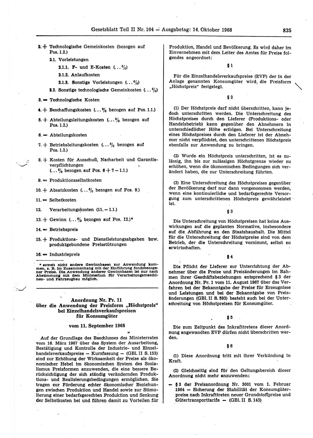 Gesetzblatt (GBl.) der Deutschen Demokratischen Republik (DDR) Teil ⅠⅠ 1968, Seite 835 (GBl. DDR ⅠⅠ 1968, S. 835)