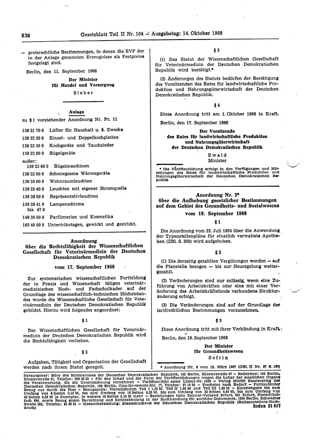 Gesetzblatt (GBl.) der Deutschen Demokratischen Republik (DDR) Teil ⅠⅠ 1968, Seite 836 (GBl. DDR ⅠⅠ 1968, S. 836)