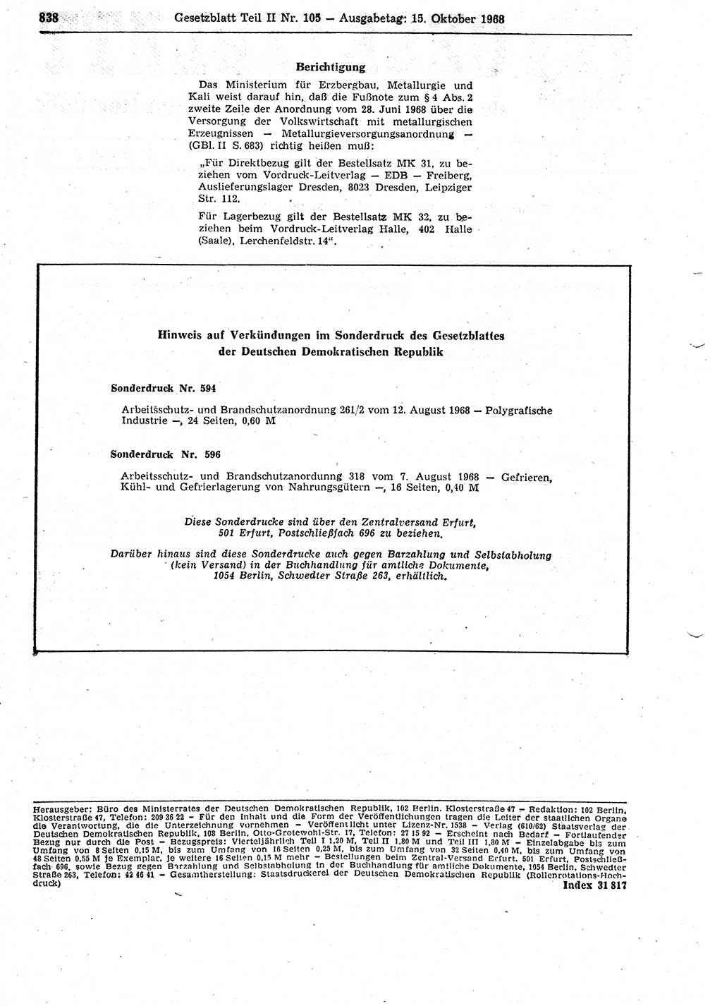 Gesetzblatt (GBl.) der Deutschen Demokratischen Republik (DDR) Teil ⅠⅠ 1968, Seite 838 (GBl. DDR ⅠⅠ 1968, S. 838)