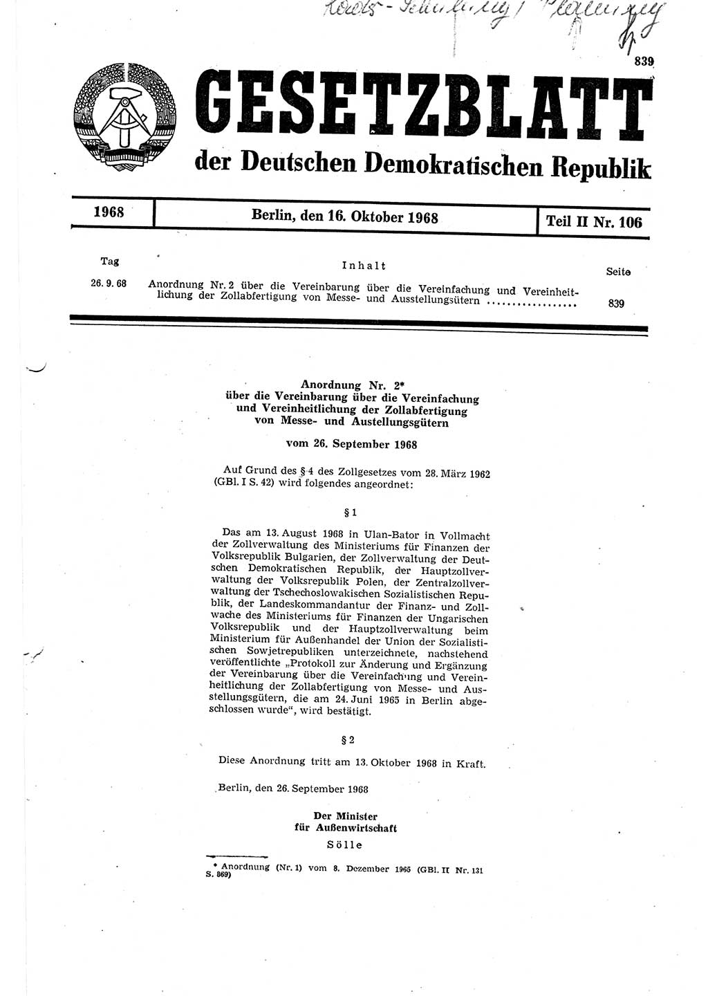 Gesetzblatt (GBl.) der Deutschen Demokratischen Republik (DDR) Teil ⅠⅠ 1968, Seite 839 (GBl. DDR ⅠⅠ 1968, S. 839)