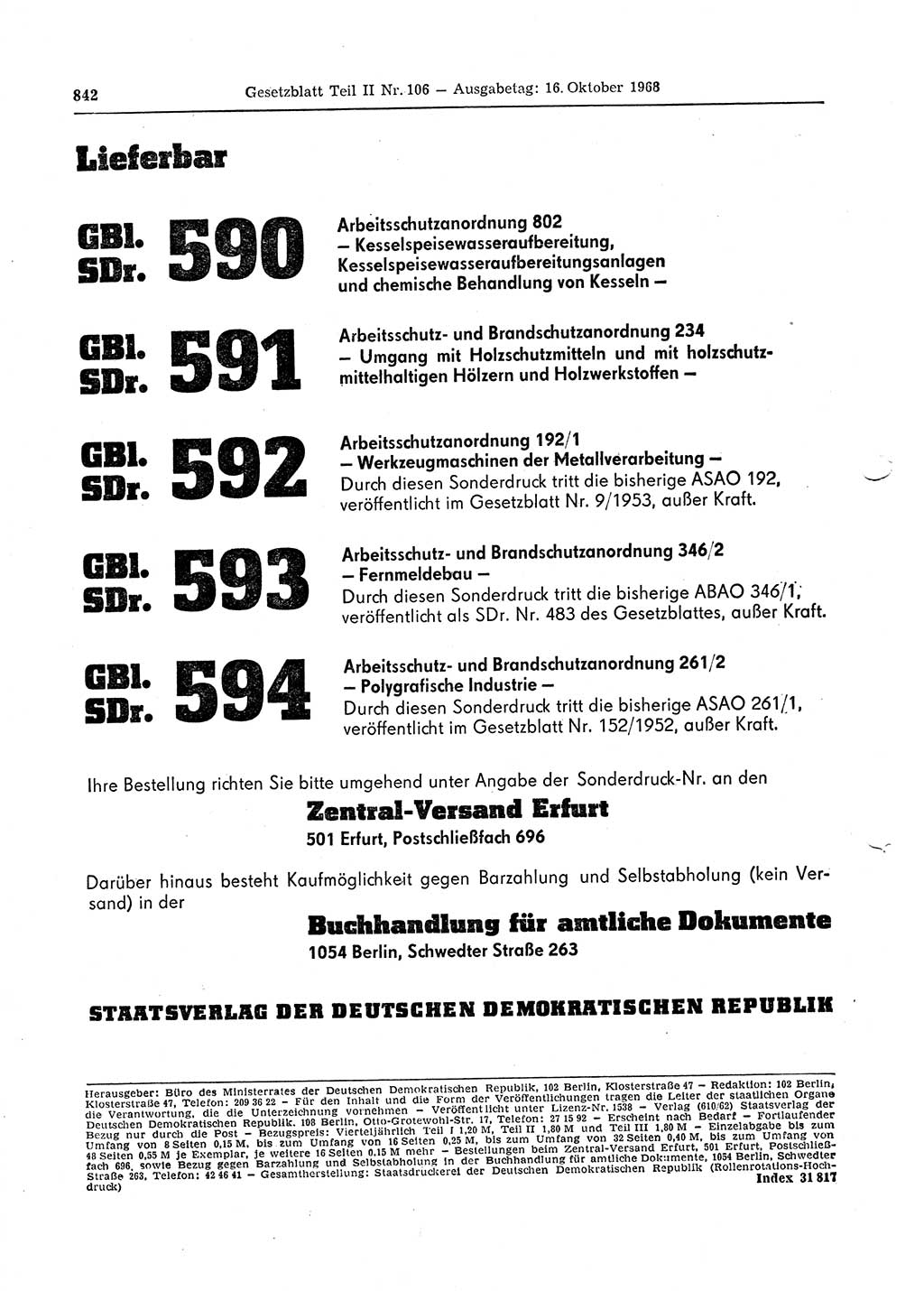 Gesetzblatt (GBl.) der Deutschen Demokratischen Republik (DDR) Teil ⅠⅠ 1968, Seite 842 (GBl. DDR ⅠⅠ 1968, S. 842)
