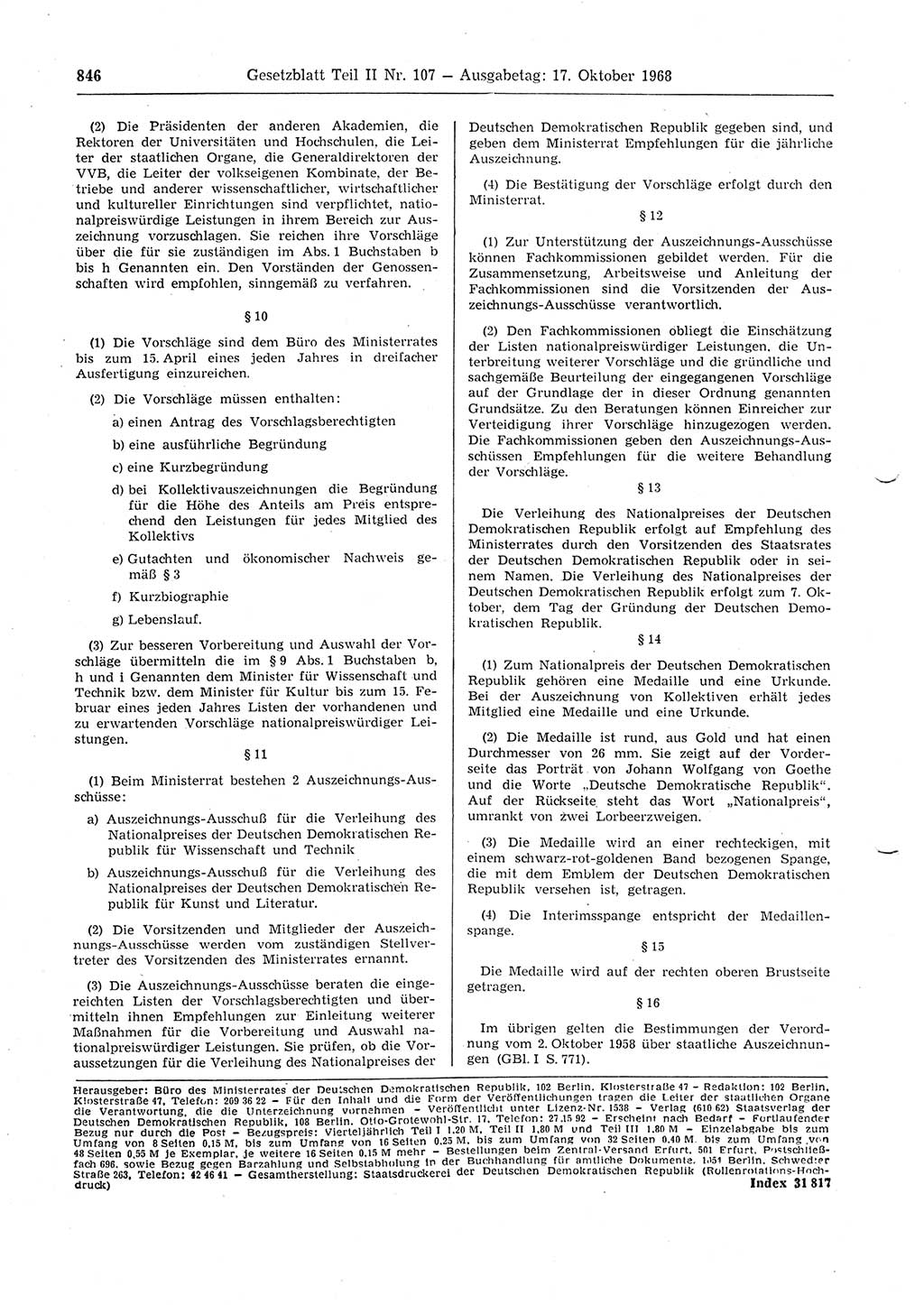 Gesetzblatt (GBl.) der Deutschen Demokratischen Republik (DDR) Teil ⅠⅠ 1968, Seite 846 (GBl. DDR ⅠⅠ 1968, S. 846)