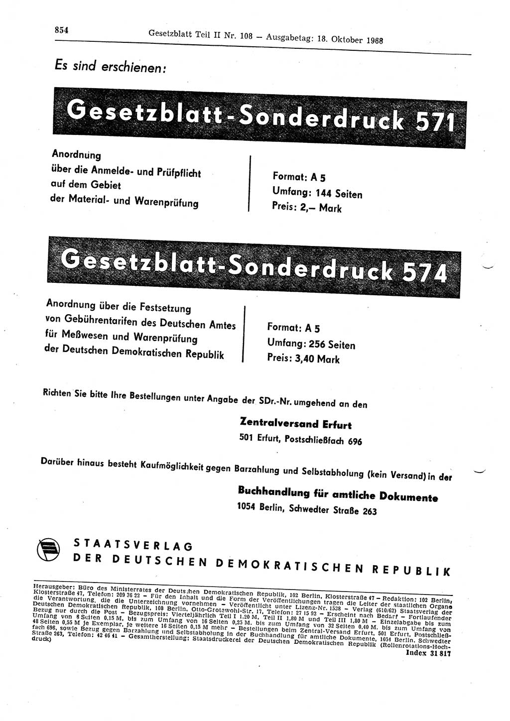 Gesetzblatt (GBl.) der Deutschen Demokratischen Republik (DDR) Teil ⅠⅠ 1968, Seite 854 (GBl. DDR ⅠⅠ 1968, S. 854)