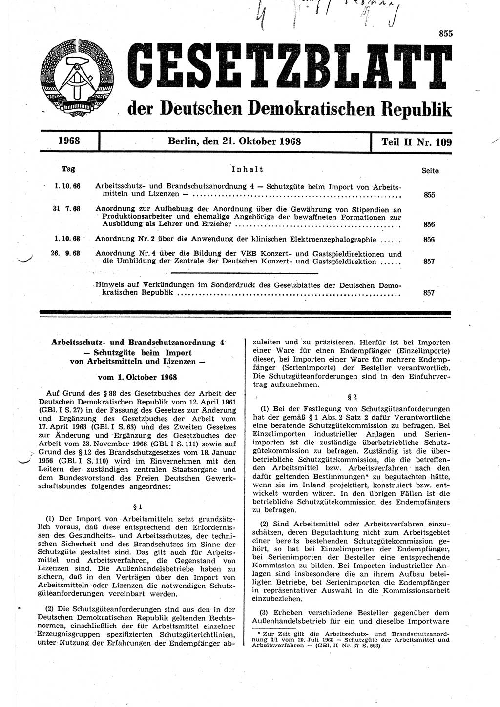 Gesetzblatt (GBl.) der Deutschen Demokratischen Republik (DDR) Teil ⅠⅠ 1968, Seite 855 (GBl. DDR ⅠⅠ 1968, S. 855)