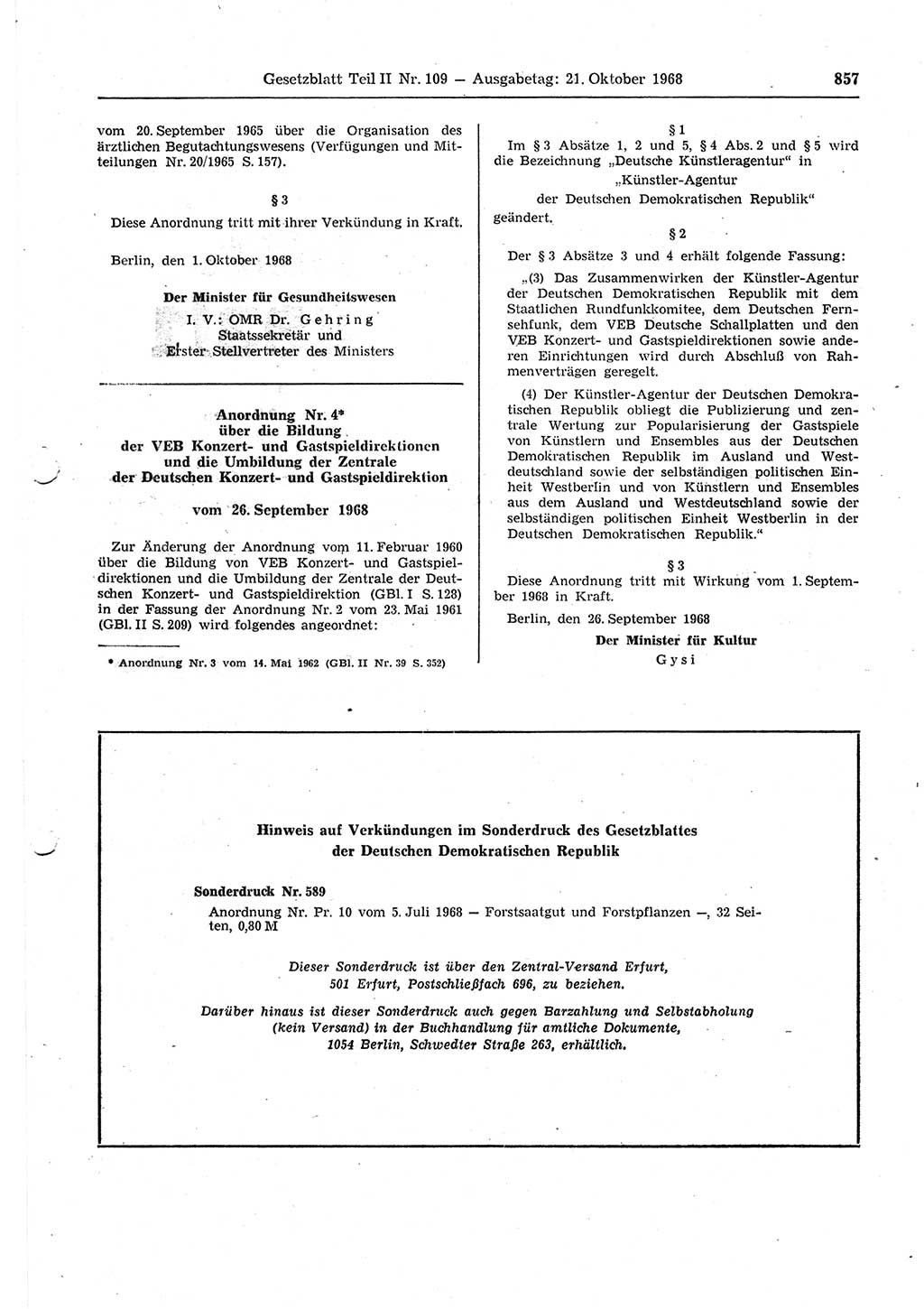 Gesetzblatt (GBl.) der Deutschen Demokratischen Republik (DDR) Teil ⅠⅠ 1968, Seite 857 (GBl. DDR ⅠⅠ 1968, S. 857)